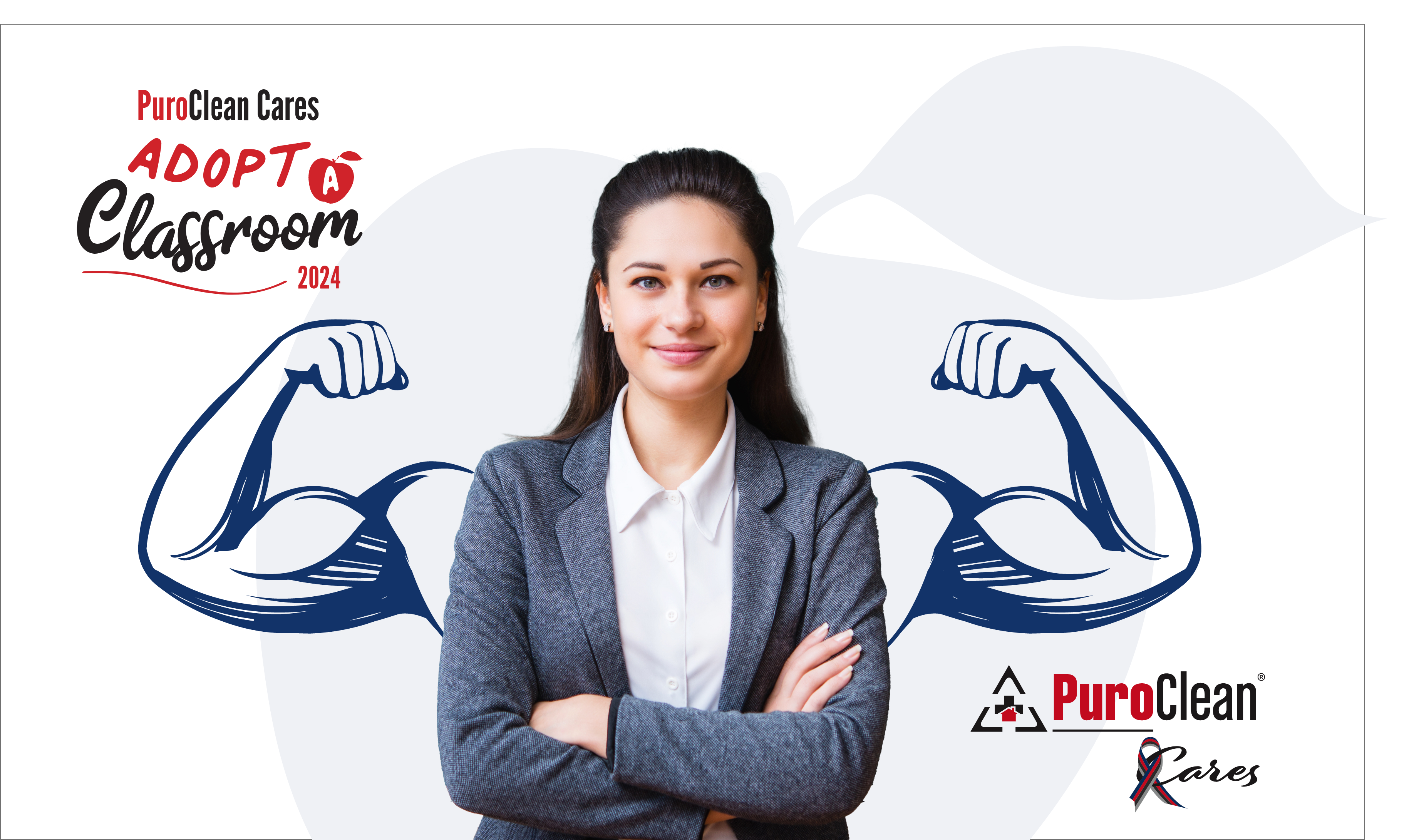 2024 PuroClean Cares®: Adopt A Classroom teacher in front of muscular arms and an apple.